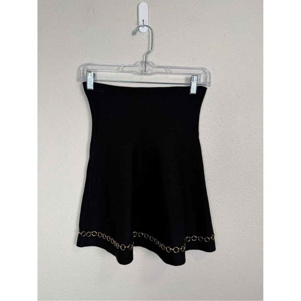 Zara Knit Black A-Line Mini Skirt Gold Chain Hem High Waist Skater Skirt Small